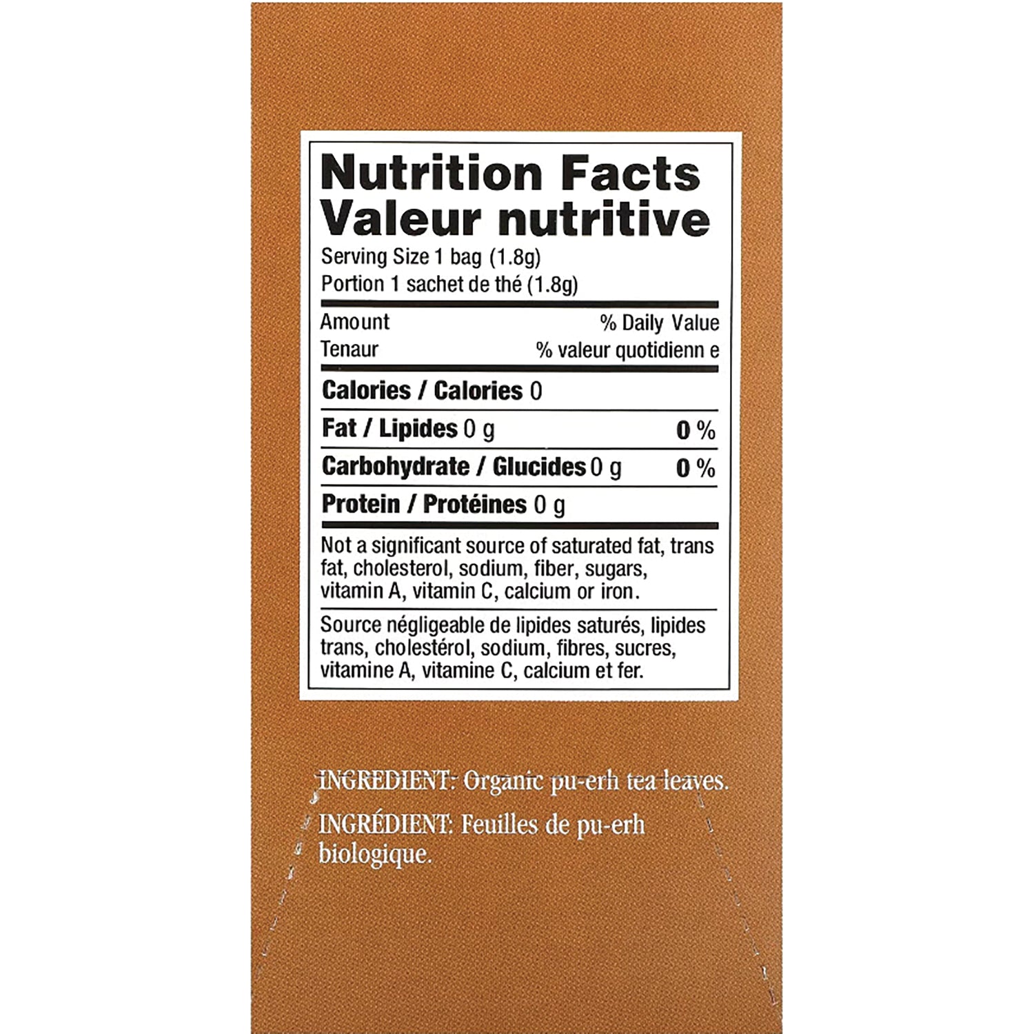 UL006 | Back panel with Nutrition Facts and ingredient: Organic pu-erh tea leaves