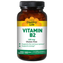 CRL580 | Country Life Vitamin B2 100 mg bottle, gluten-free dietary supplement, 100 tablets