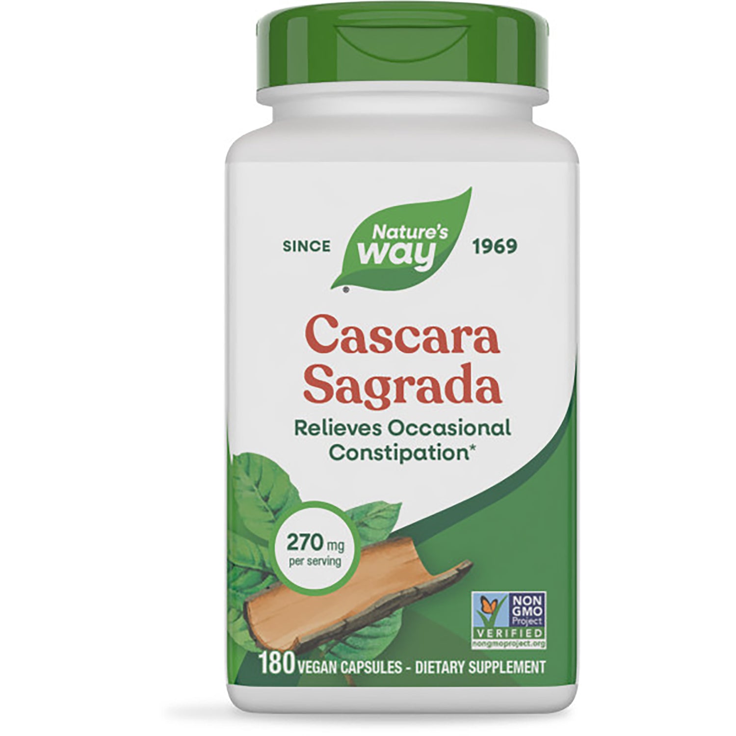 NW479 | Nature's Way Cascara Sagrada dietary supplement bottle, 180 vegan capsules, 270 mg per serving, plant powered