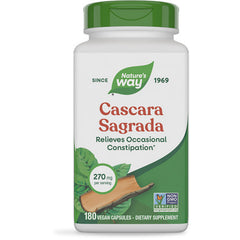 NW479 | Nature's Way Cascara Sagrada dietary supplement bottle, 180 vegan capsules, 270 mg per serving, plant powered