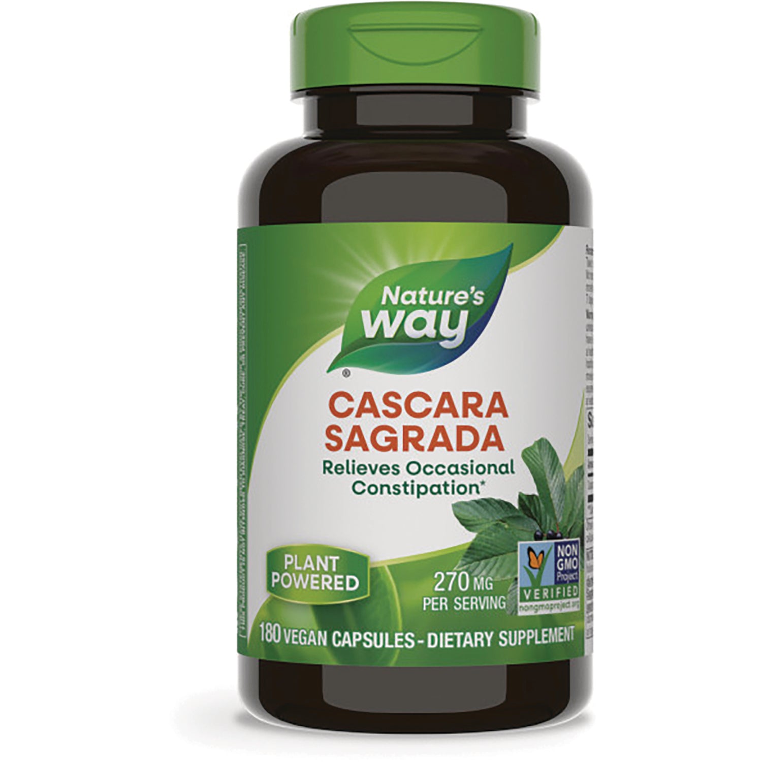 NW479 | Nature's Way Cascara Sagrada dietary supplement bottle, 180 vegan capsules, 270 mg per serving, plant powered