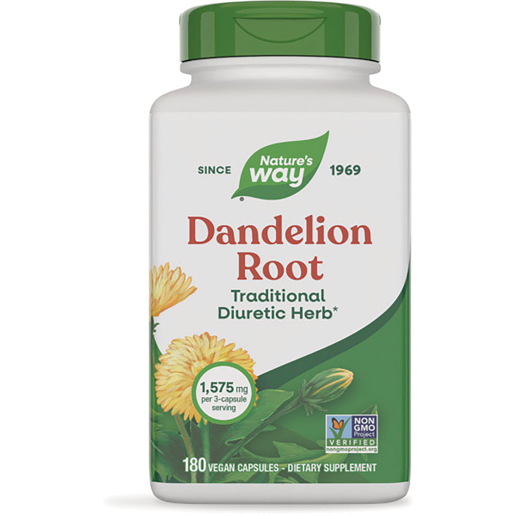 NW767 | Nature's Way Dandelion Root white bottle with green cap labeled 1,575 mg per 3-capsule serving - Thumbnail