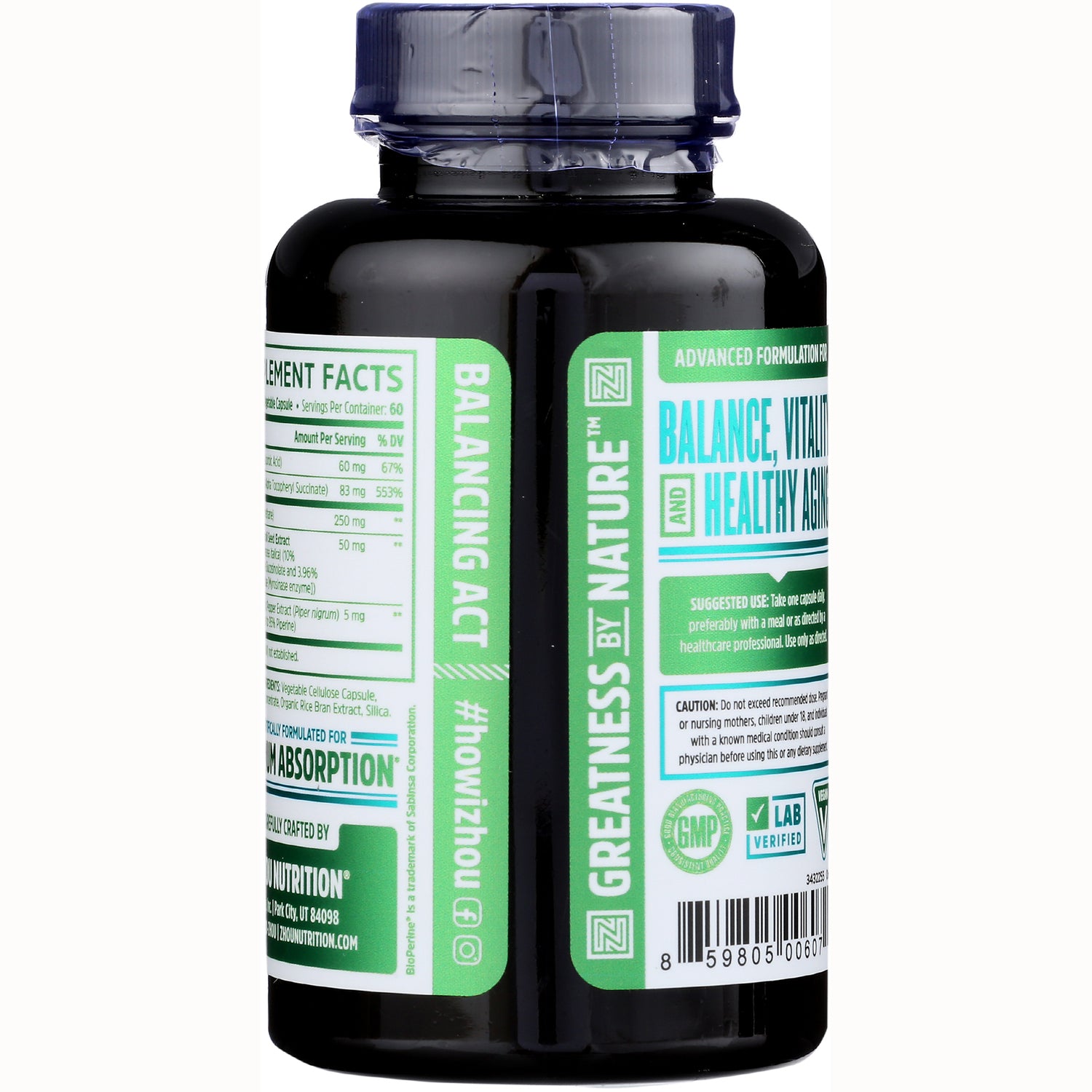 ZOU016 | Supplement bottle back label with Balance, Vitality and Healthy Aging text, barcode, and GMP Lab Verified icons