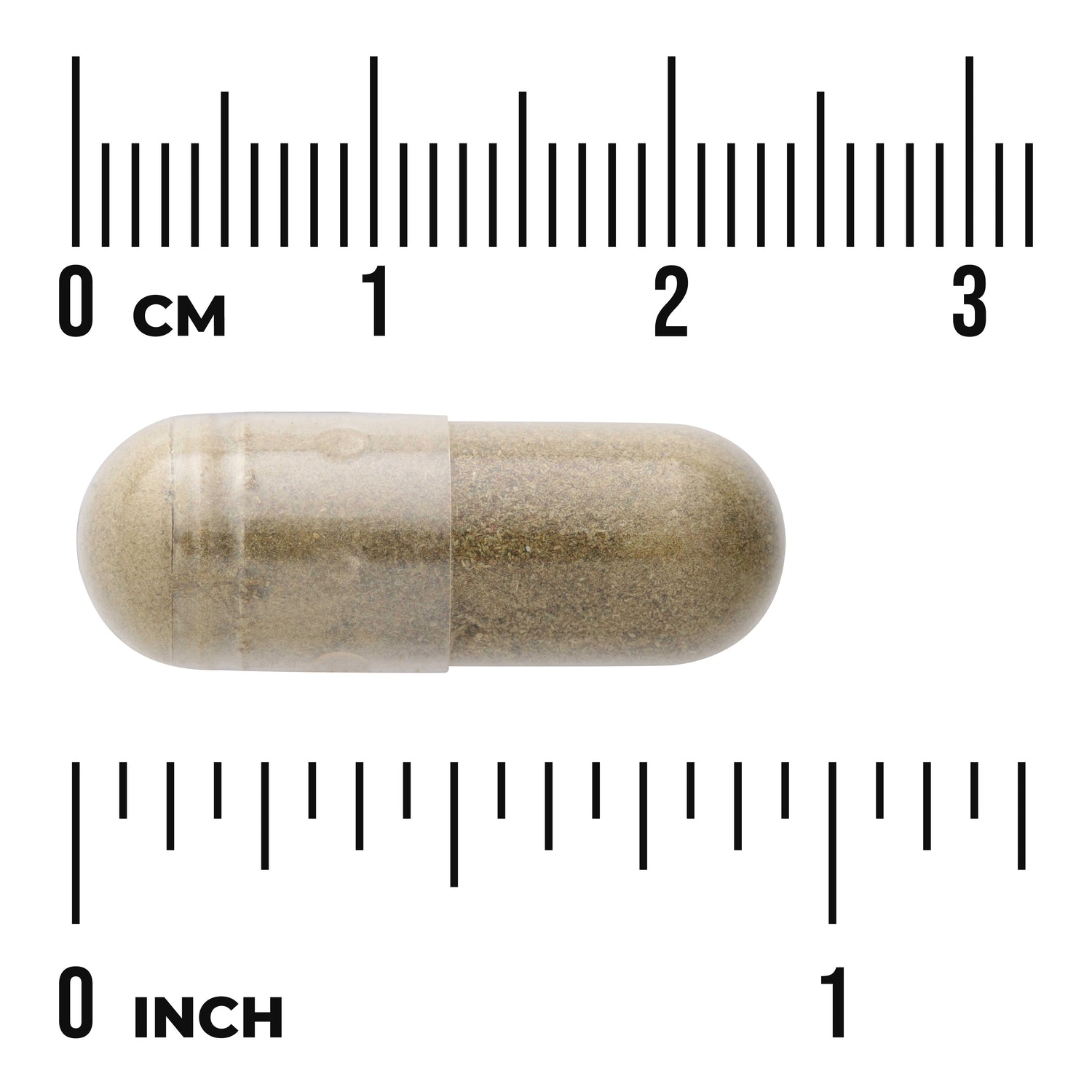 SWR054 | Capsule with brown powder shown against cm and inch ruler