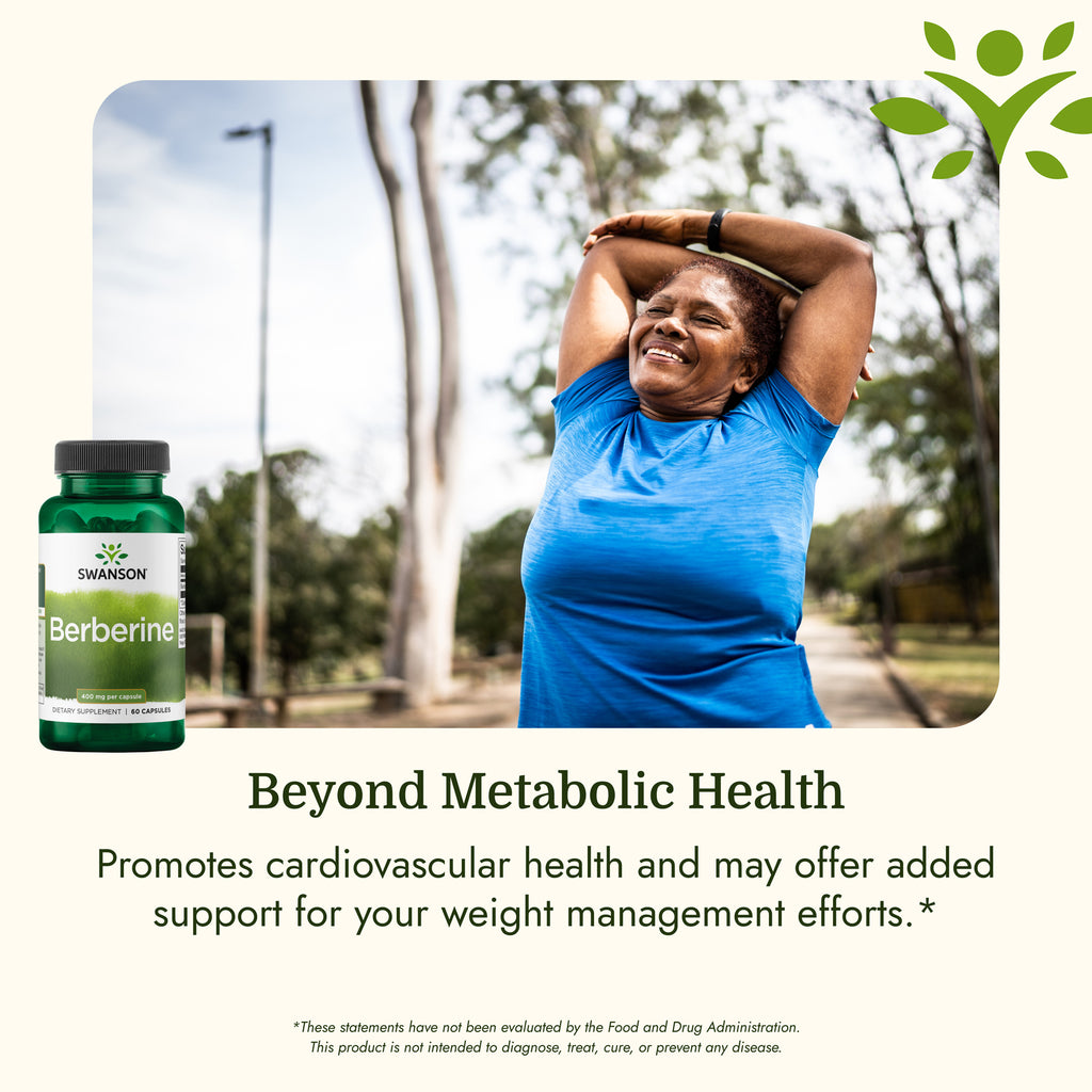 SW1411 | Woman stretching outdoors beside Swanson Berberine bottle with metabolic health message - Thumbnail