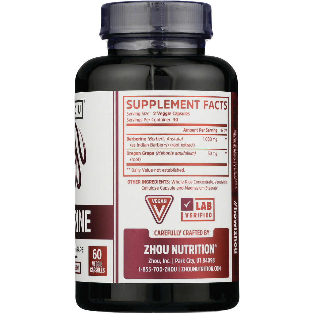 ZOU051 | Back of Zhou Nutrition Berberine supplement bottle with Supplement Facts, Vegan and Lab Verified icons, 60 veggie capsules - Thumbnail
