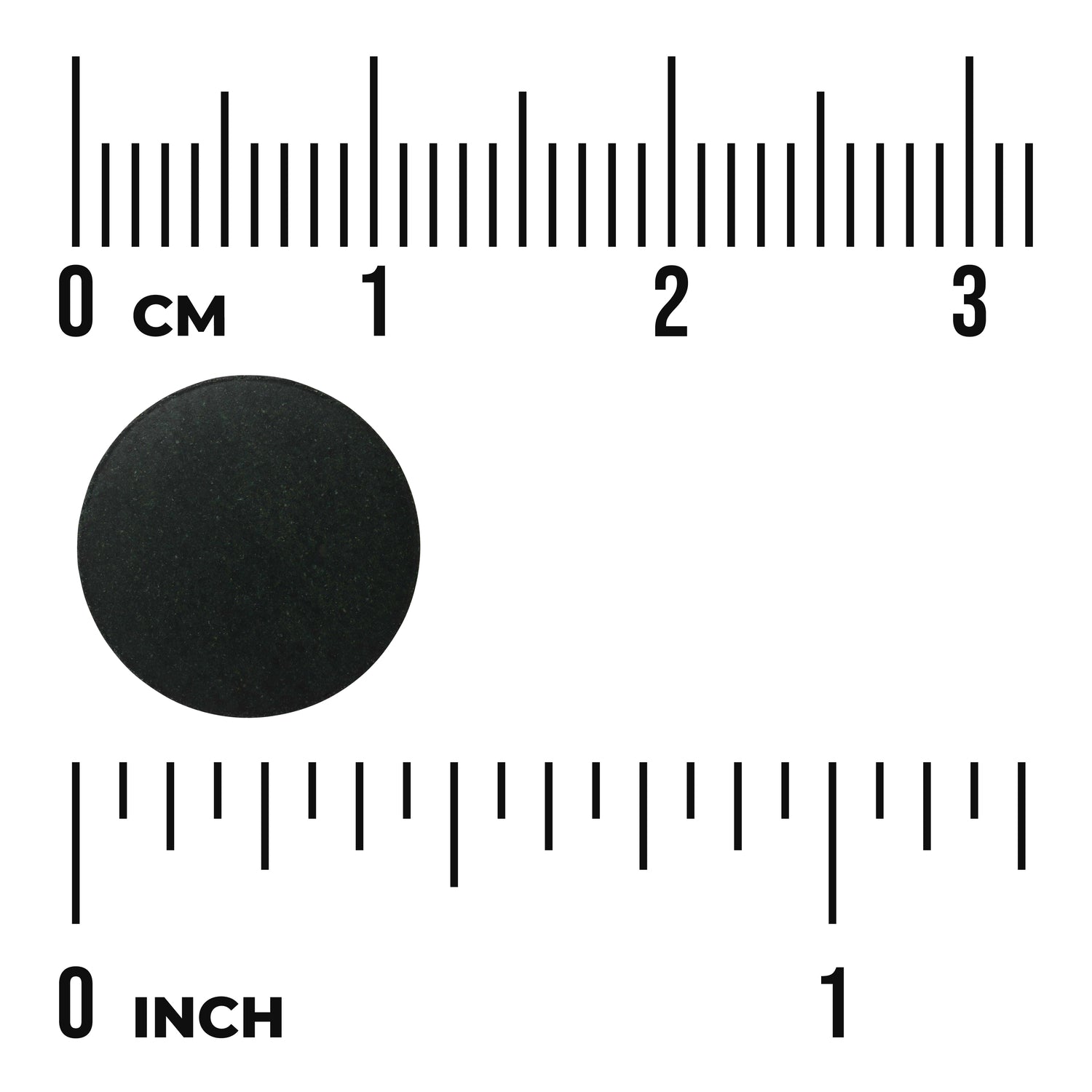 SWR044 | Black round tablet on rulers showing ~1 cm diameter; visible text '0 cm' and '0 inch'