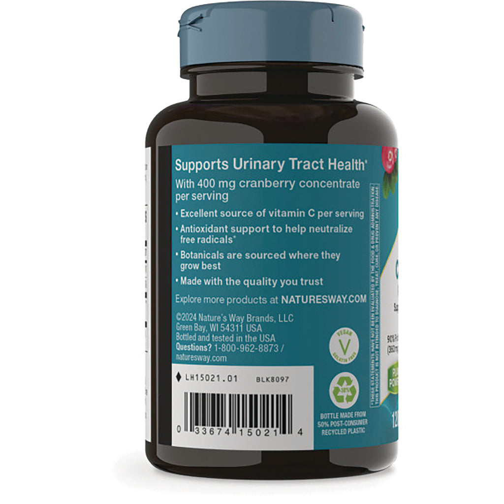NW725 | Back label of cranberry supplement bottle reading Supports Urinary Tract Health with claims, contact info and barcode - Thumbnail