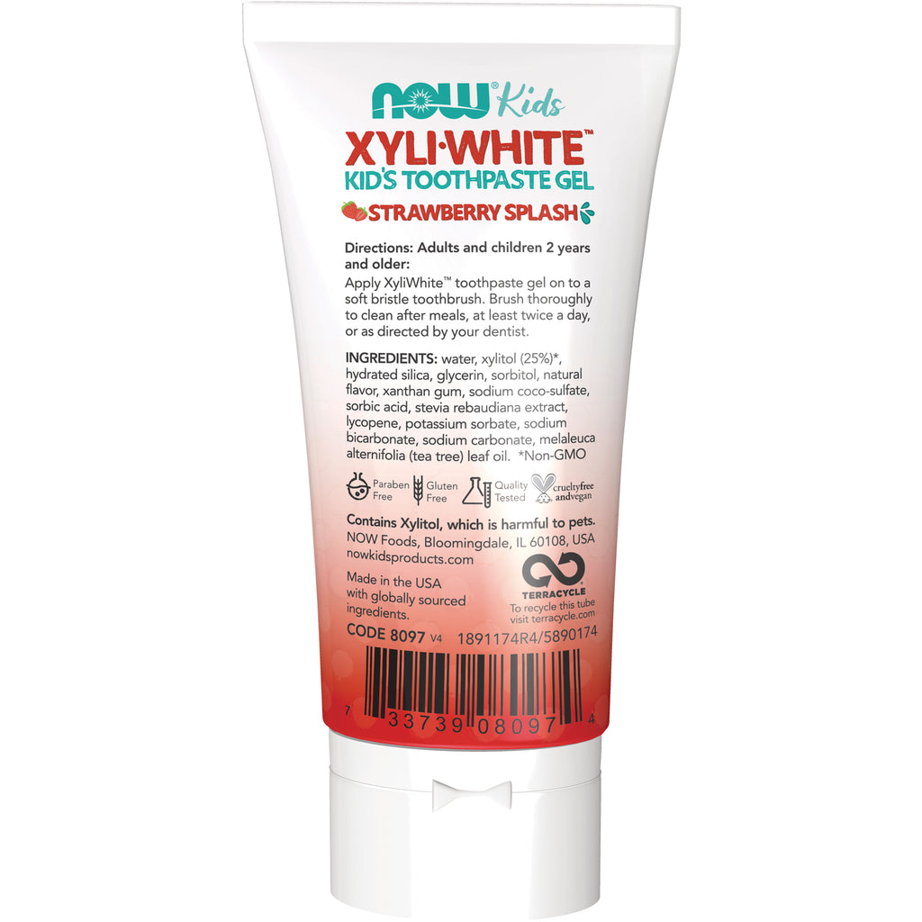 NWF1181 | Back label of NOW Kids XyliWhite Strawberry Splash toothpaste tube showing ingredients, directions, and barcode - Thumbnail