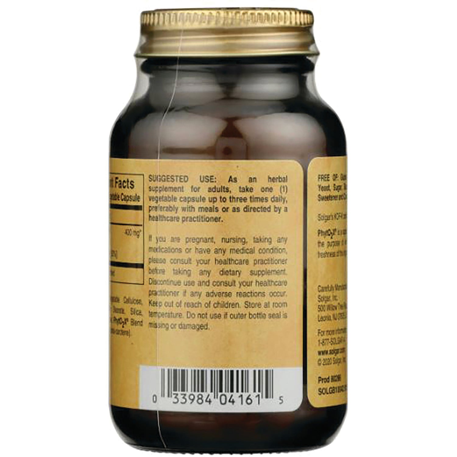 SLG345 | Back label of brown supplement bottle showing suggested use text and barcode