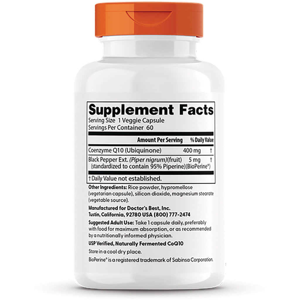 DB159 | back of white supplement bottle showing Supplement Facts panel listing Coenzyme Q10 400 mg, black pepper extract and other ingredients - Thumbnail