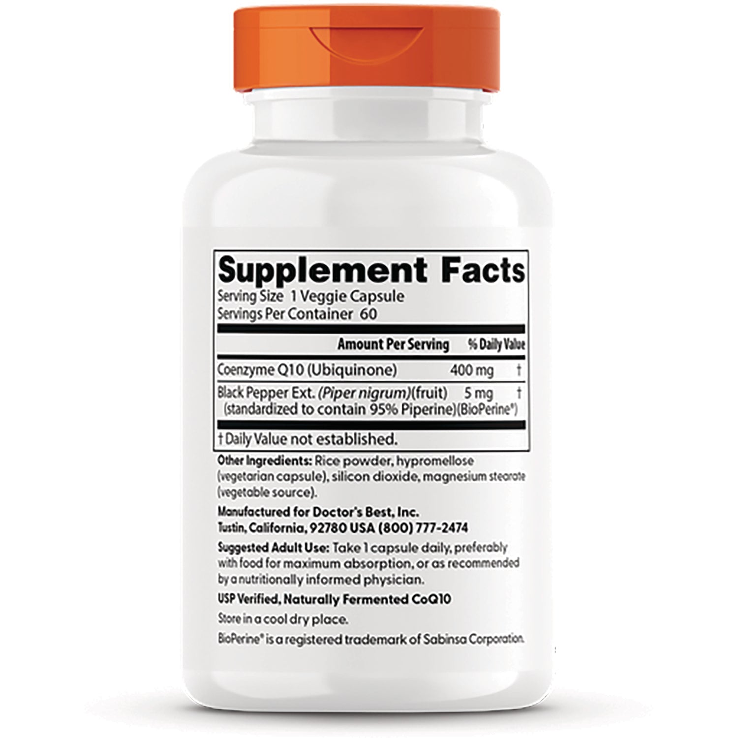 DB159 | back of white supplement bottle showing Supplement Facts panel listing Coenzyme Q10 400 mg, black pepper extract and other ingredients