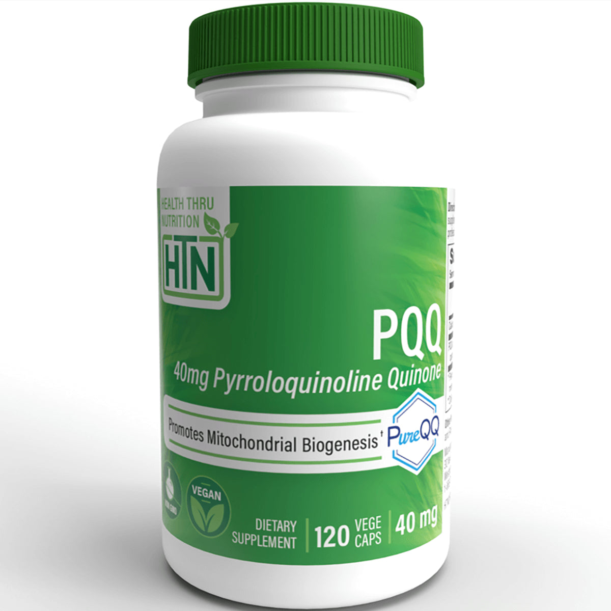 HTN004 | white bottle with green label reading PQQ 40mg Pyrroloquinoline Quinone dietary supplement 120 vege caps