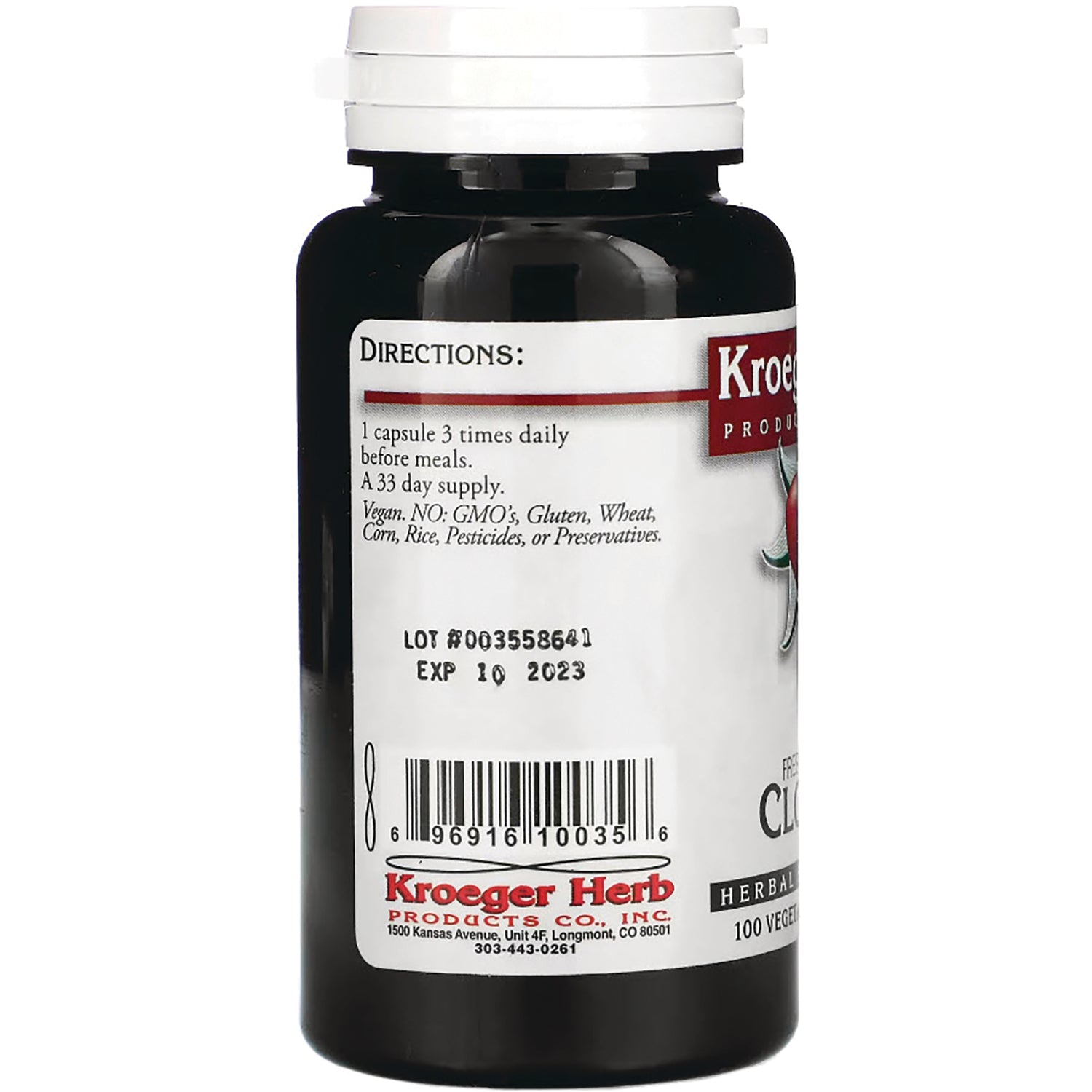 KRG002 | back label of supplement bottle showing directions, lot #003558641, EXP 10 2023 and barcode
