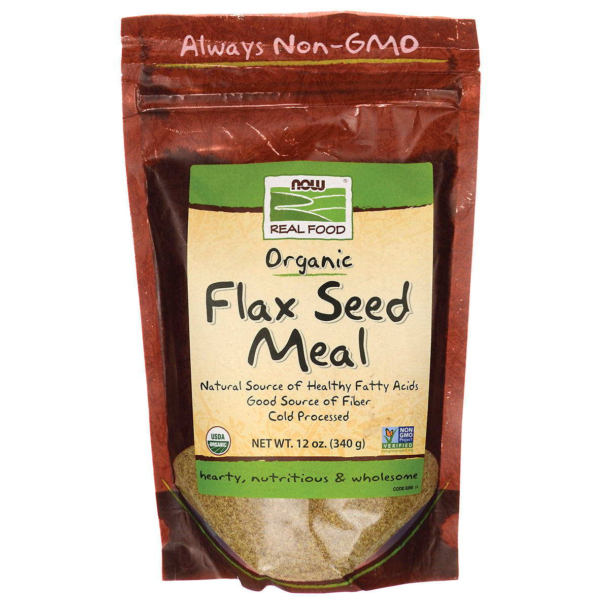 NWF142 | NOW Real Food Organic Flax Seed Meal pouch, 12 oz front packaging