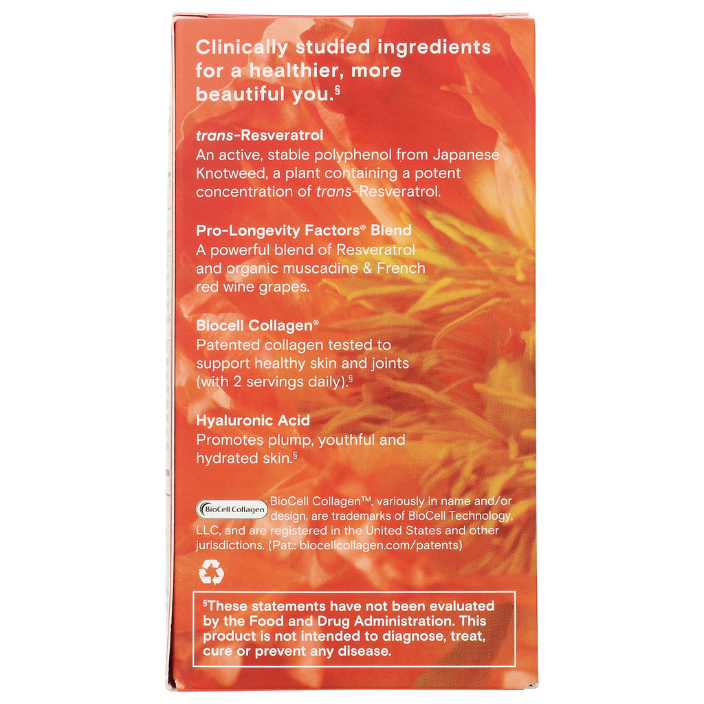 RSA026 | Back of orange supplement box listing trans-Resveratrol, Pro-Longevity Factors Blend, BioCell Collagen, Hyaluronic Acid and FDA disclaimer - Thumbnail