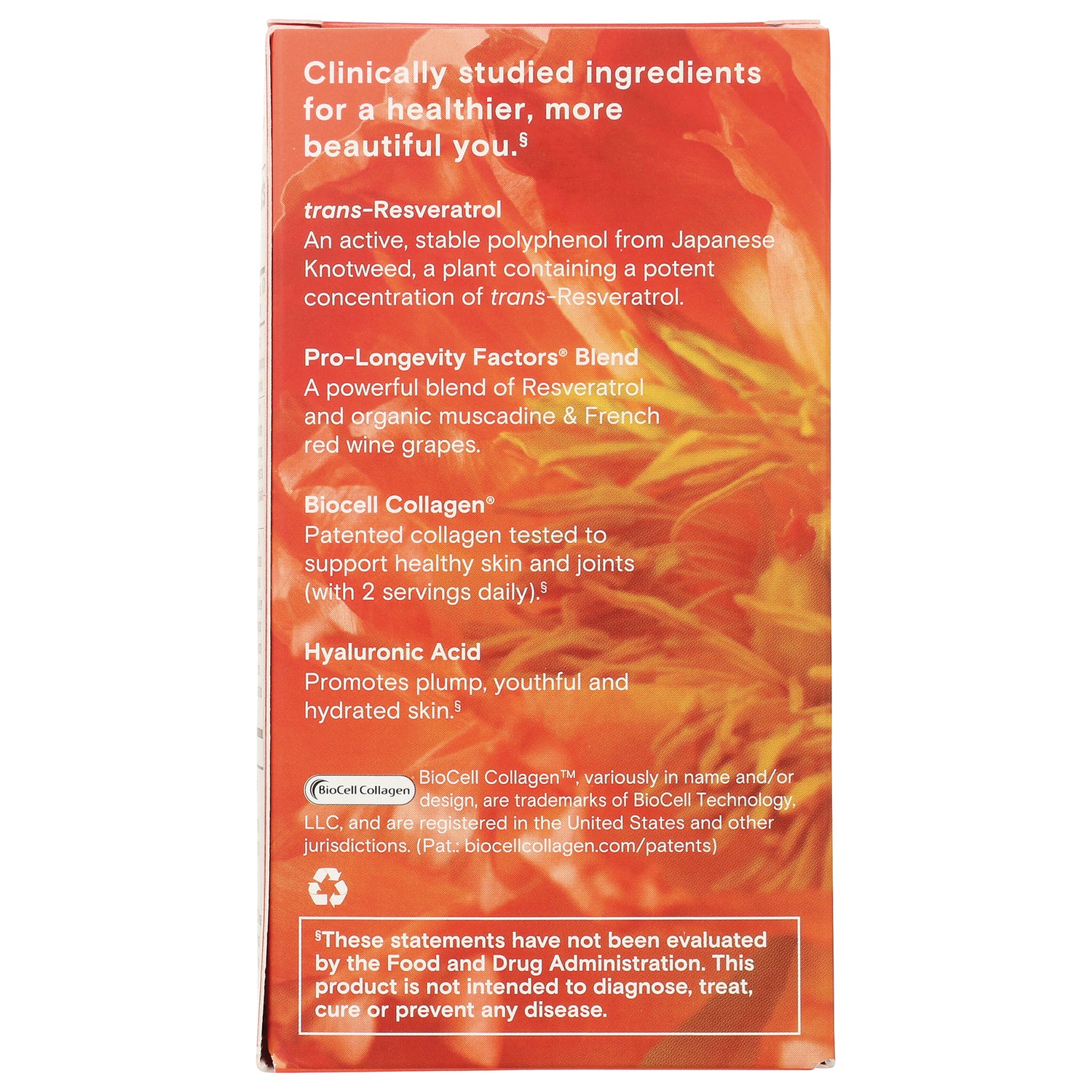 RSA026 | Back of orange supplement box listing trans-Resveratrol, Pro-Longevity Factors Blend, BioCell Collagen, Hyaluronic Acid and FDA disclaimer