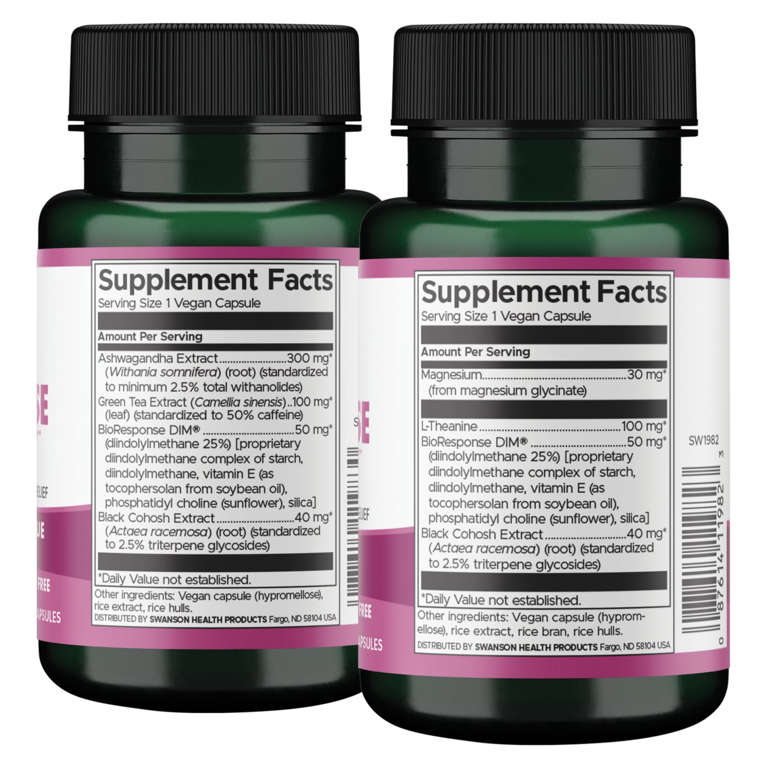 SW1991 | Supplement Facts: serving size 1 vegan capsule; Ashwagandha 300 mg, Green Tea 100 mg, DIM 50 mg