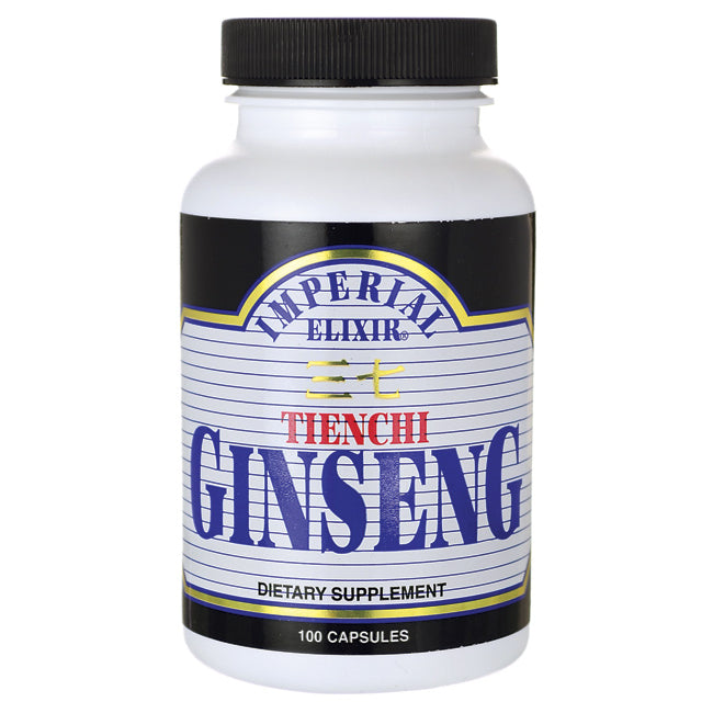 IE010 | White supplement bottle labeled IMPERIAL ELIXIR TIENCHI GINSENG 100 capsules front view