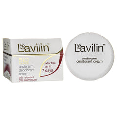NWF059 | Lavilin underarm deodorant cream box and jar lid labeled odor free up to 7 days and 0% alcohol 0% aluminum