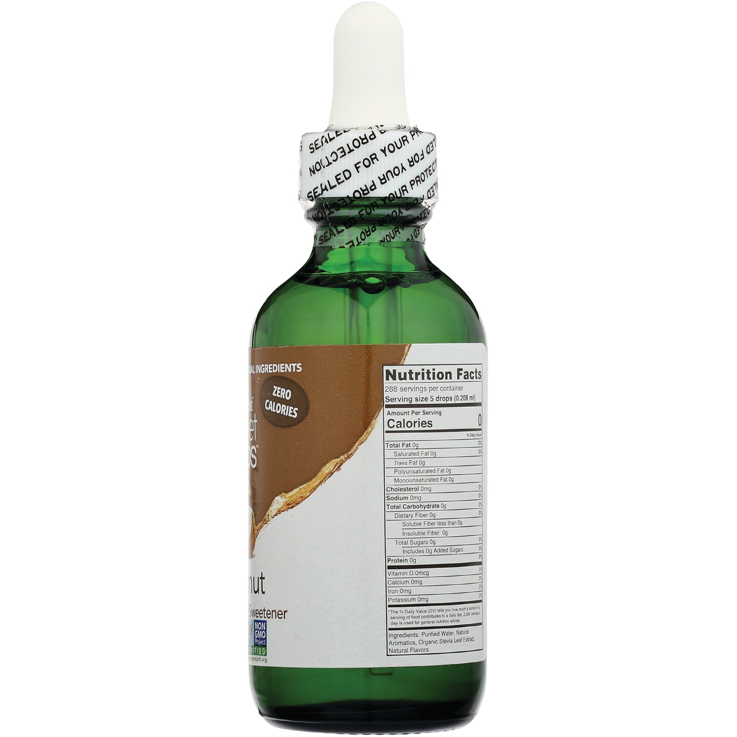 WA043 | Back of dropper bottle with Nutrition Facts panel and Zero Calories callout