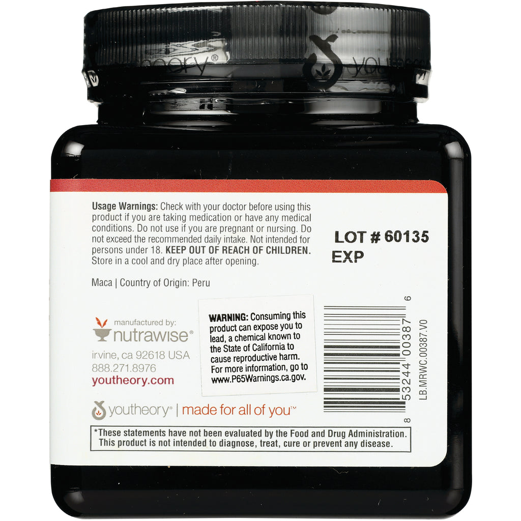 YOU011 | Back label of Youtheory supplement bottle with usage warnings, LOT # 60135, EXP, barcode - Thumbnail