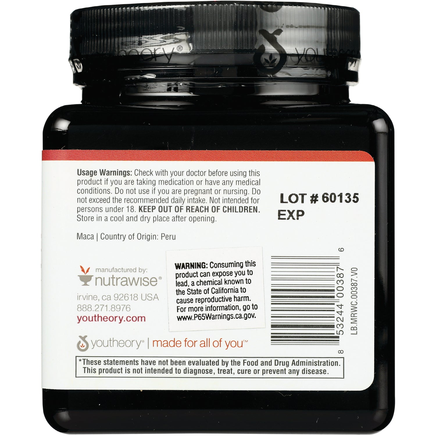YOU011 | Back label of Youtheory supplement bottle with usage warnings, LOT # 60135, EXP, barcode