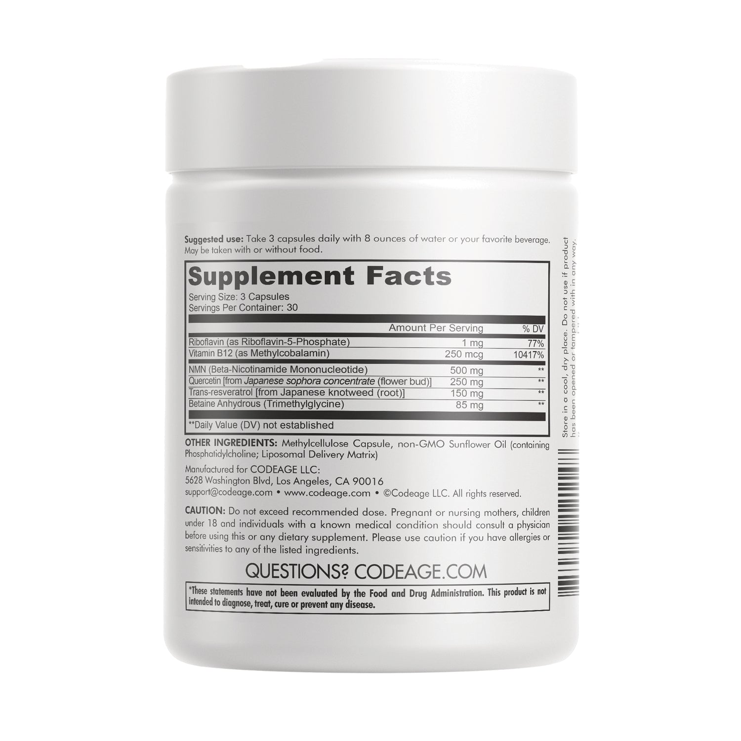 Supplement Facts label and ingredients on back of white supplement jar showing serving size, ingredient list, caution text and barcode