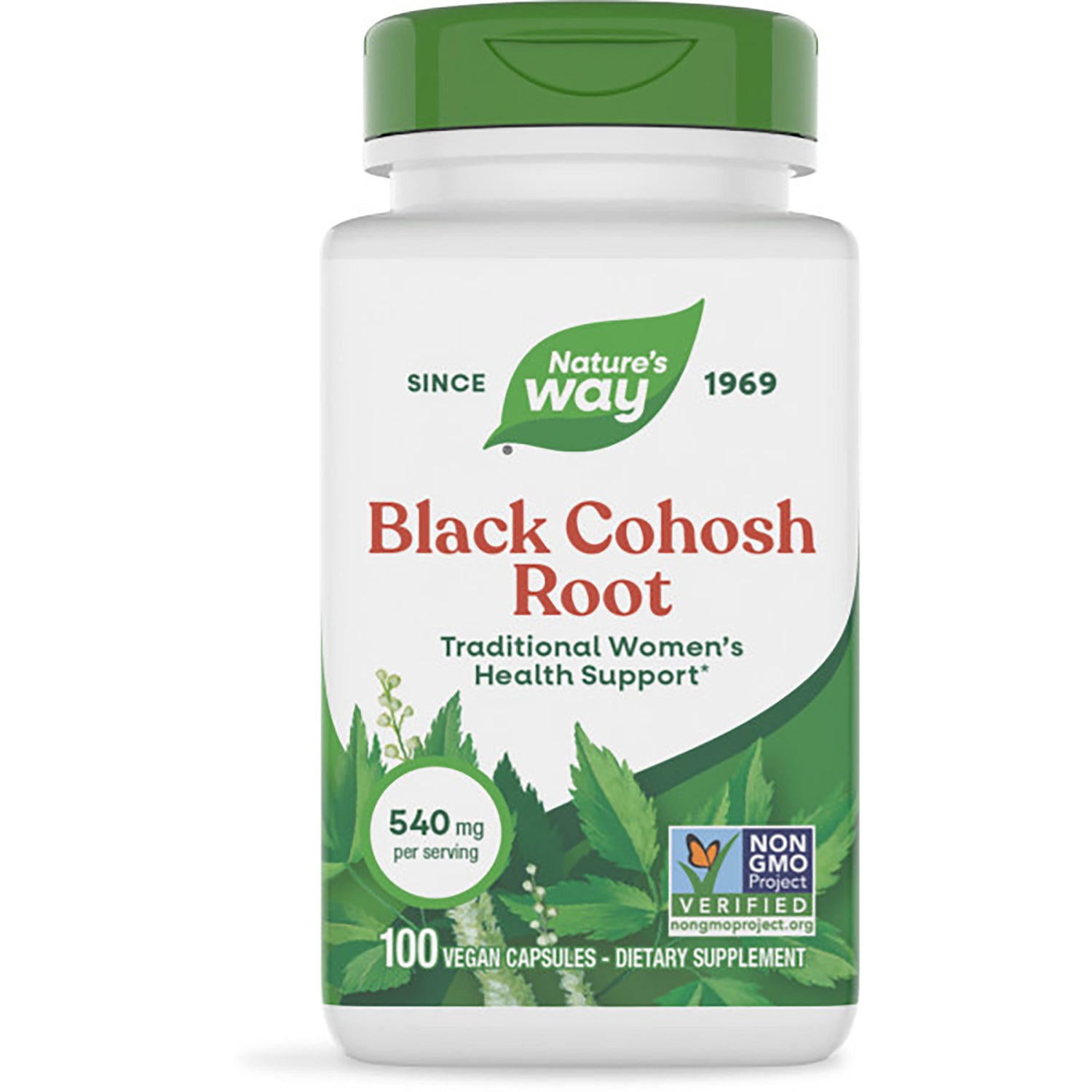 NW114 | Bottle of Nature's Way Black Cohosh Root dietary supplement, 100 vegan capsules, green cap, front label