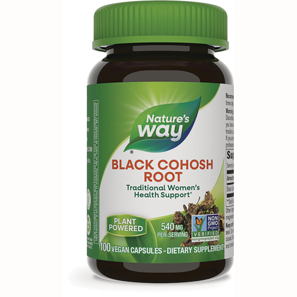 NW114 | Bottle of Nature's Way Black Cohosh Root dietary supplement, 100 vegan capsules, green cap, front label - Thumbnail