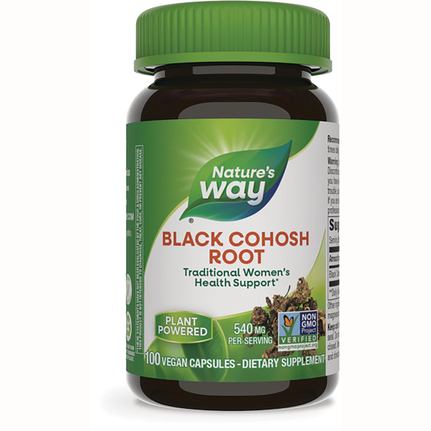 NW114 | Bottle of Nature's Way Black Cohosh Root dietary supplement, 100 vegan capsules, green cap, front label