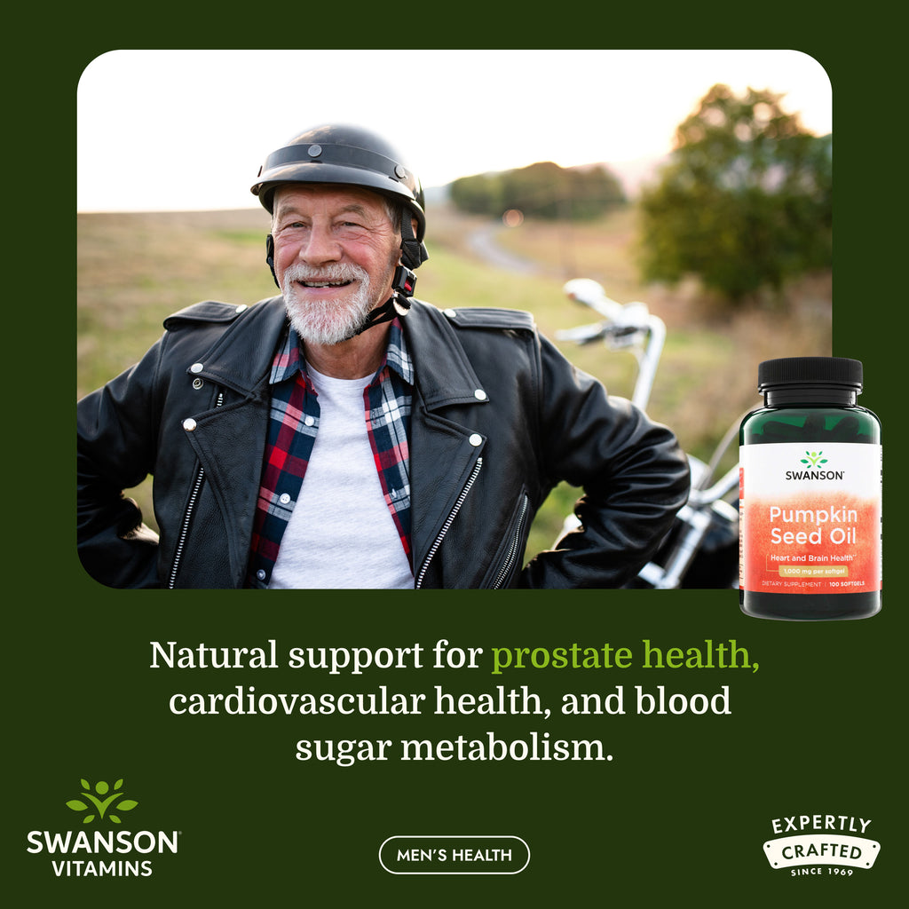 SW364 | Swanson Pumpkin Seed Oil softgel bottle with a smiling man on a motorcycle and men’s health claims - Thumbnail