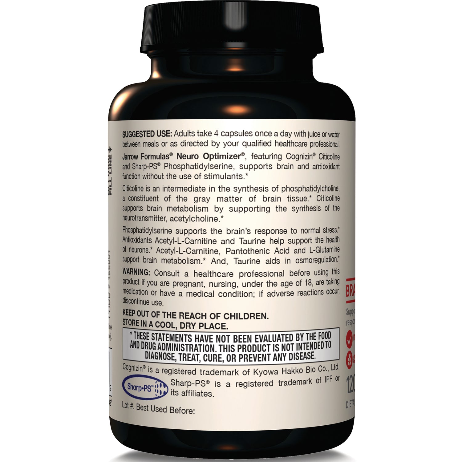 JR033 | Back label of dark supplement bottle showing suggested use, warnings, and FDA disclaimer