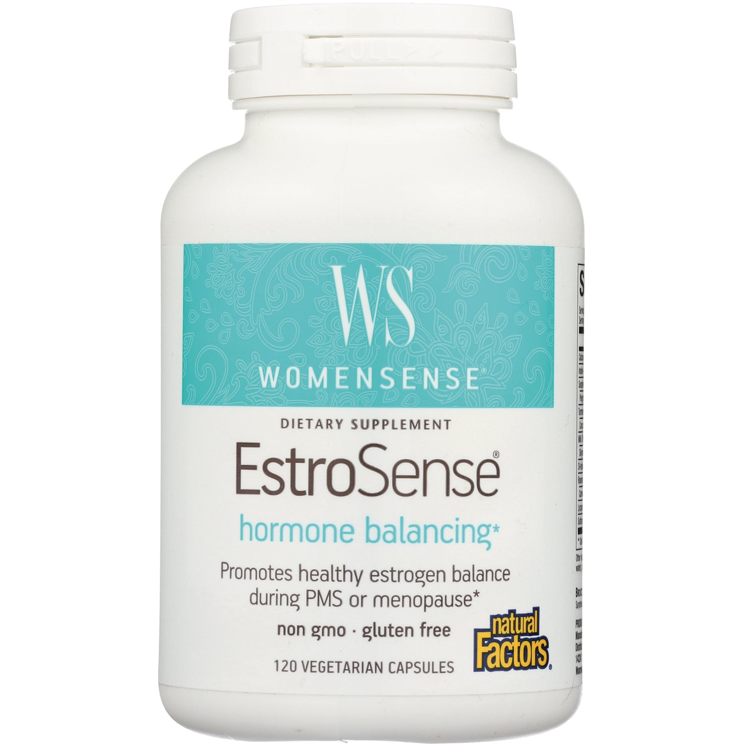 NFC111 | white bottle of Natural Factors EstroSense hormone balancing dietary supplement label with WOMENSENSE and 120 capsules