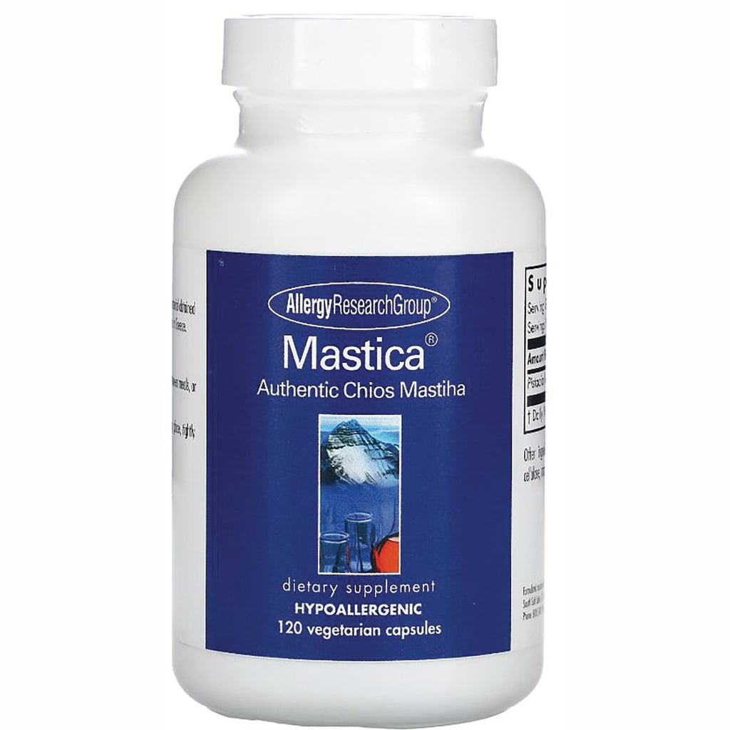 ARG020 | White supplement bottle labeled Mastica Authentic Chios Mastiha, hypoallergenic dietary supplement 120 vegetarian capsules - Thumbnail