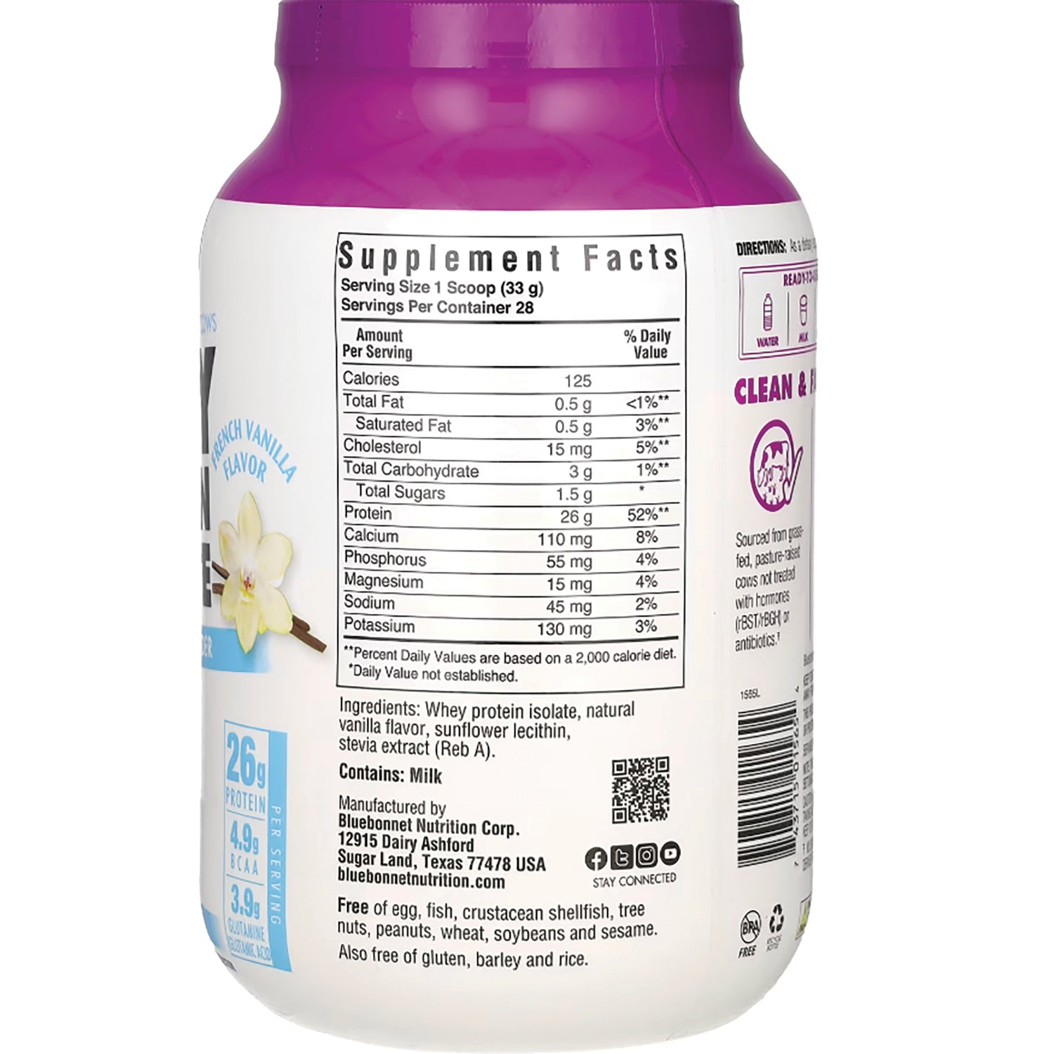 BLU133 | supplement facts panel and ingredients listing on back of purple-lidded protein powder container