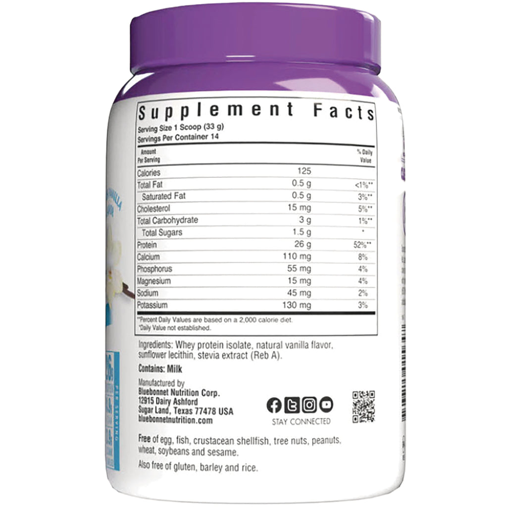 BLU133 | supplement facts panel and ingredients listing on back of purple-lidded protein powder container - Thumbnail
