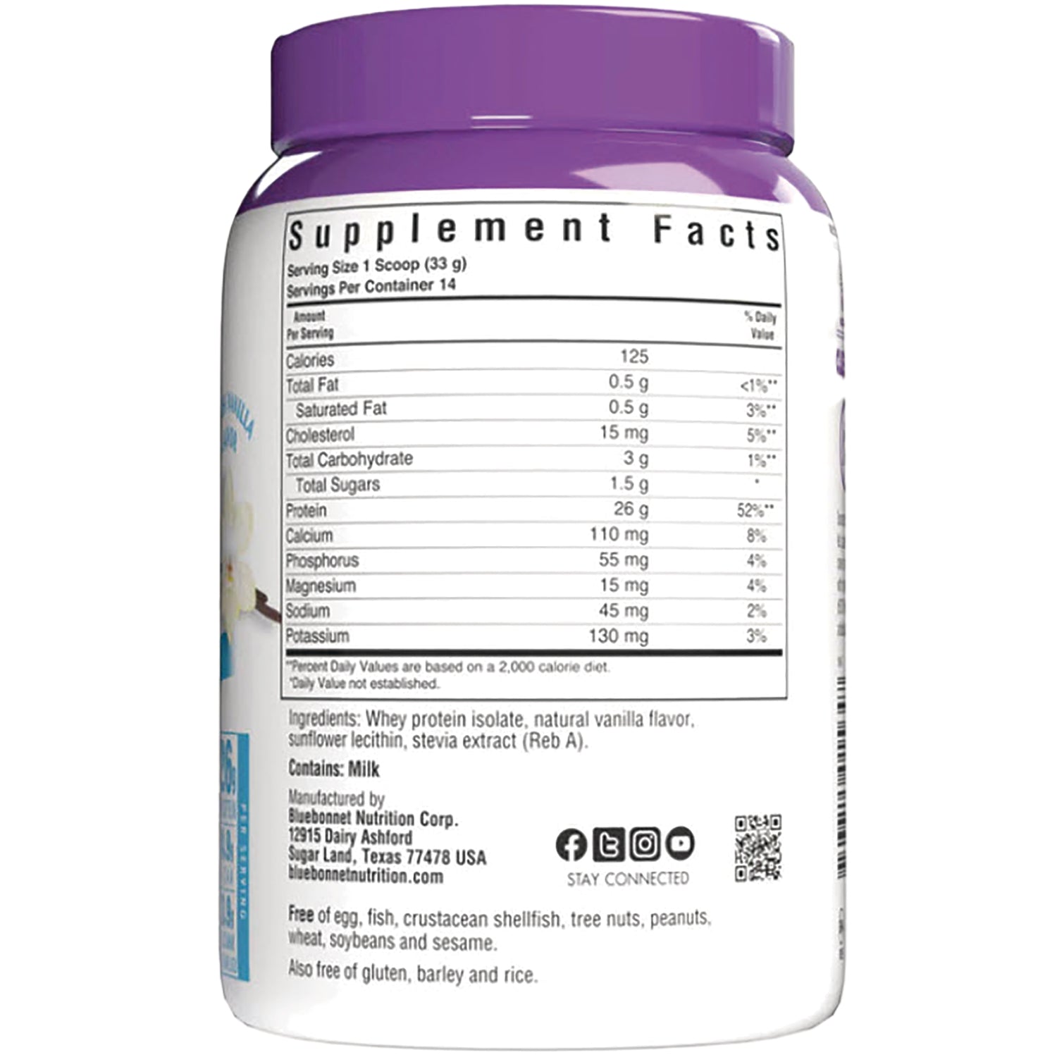 BLU133 | supplement facts panel and ingredients listing on back of purple-lidded protein powder container