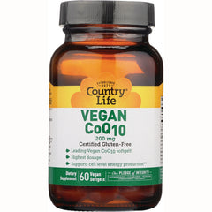 CRL609 | Country Life VEGAN CoQ10 200 mg dietary supplement bottle, 60 vegan softgels, certified gluten-free