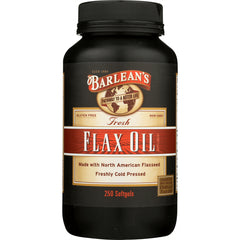 Barlean's Fresh Flax Oil 250 softgels front bottle label showing gluten free, non-GMO and freshly cold pressed