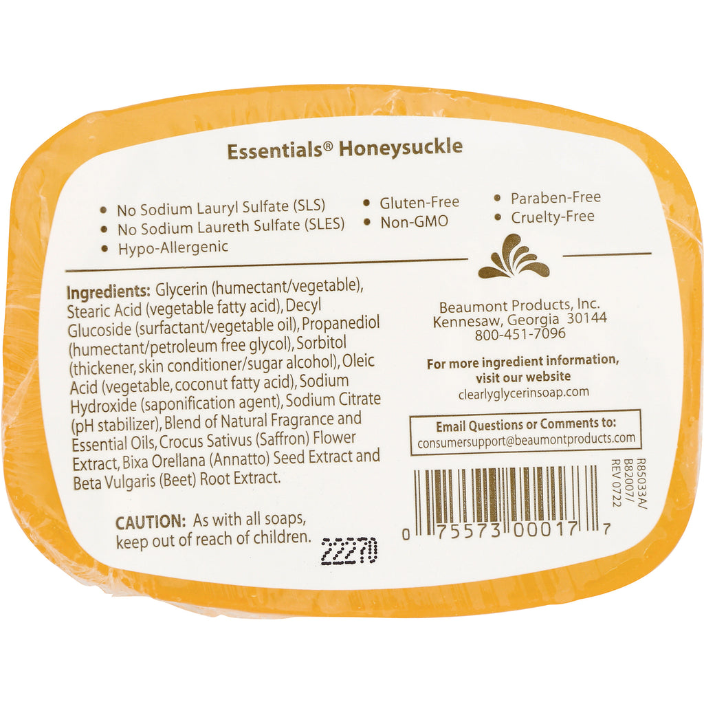 CLN008 | Back of honeysuckle glycerin soap packaging showing ingredients, claims and barcode - Thumbnail