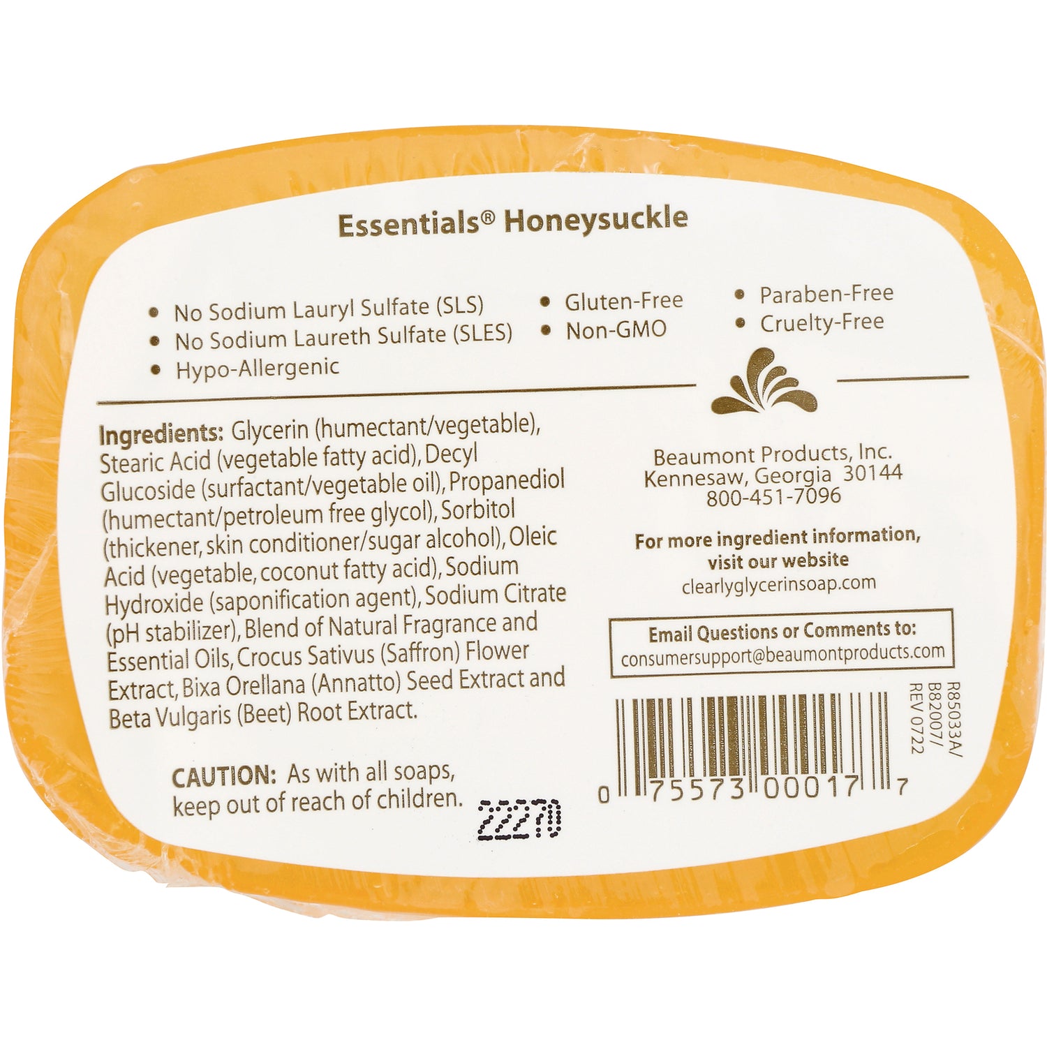 CLN008 | Back of honeysuckle glycerin soap packaging showing ingredients, claims and barcode