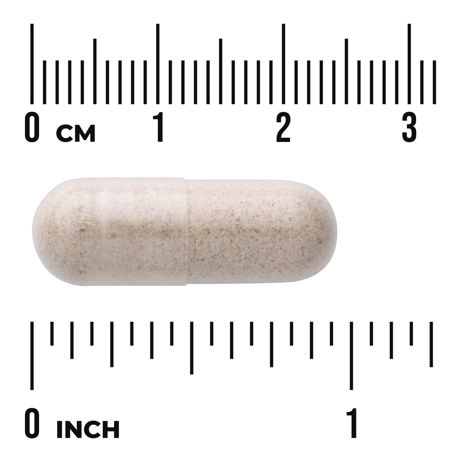 SW1345 | Clear capsule filled with beige powder centered between centimeter and inch rulers showing measurements