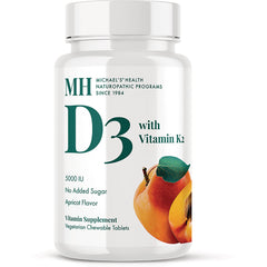 MNP029 | White supplement bottle labeled D3 with Vitamin K2 apricot flavor, front view