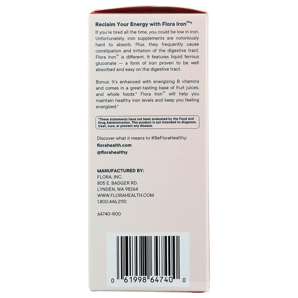 FL109 | Back of Flora Iron supplement box showing product description, manufacturing details and barcode - Thumbnail