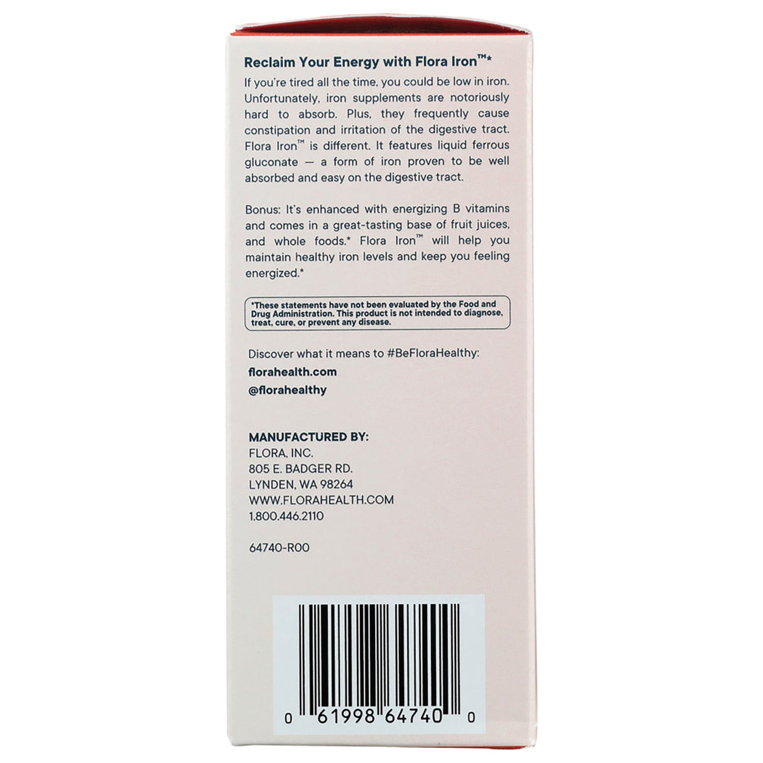 FL109 | Back of Flora Iron supplement box showing product description, manufacturing details and barcode