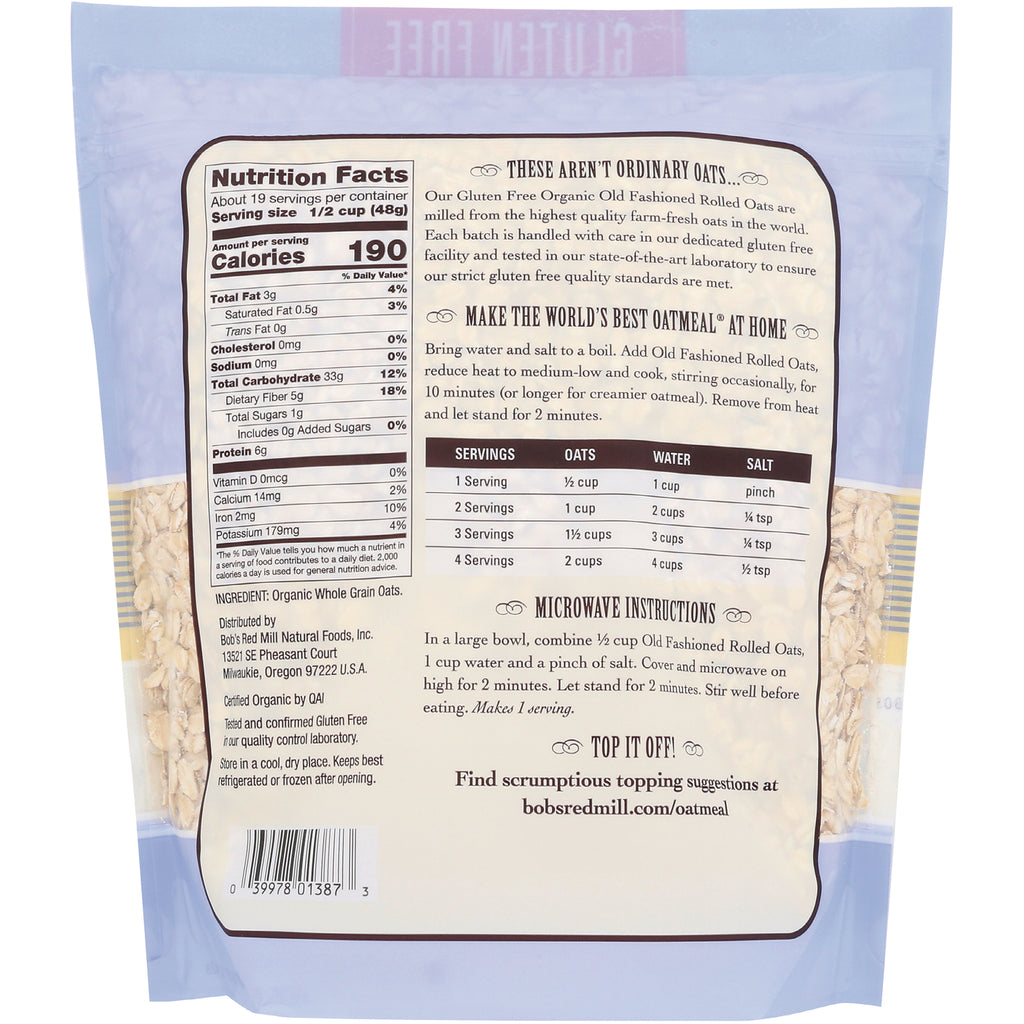 BOB326 | Back label with Nutrition Facts and cooking instructions for gluten free organic rolled oats - Thumbnail