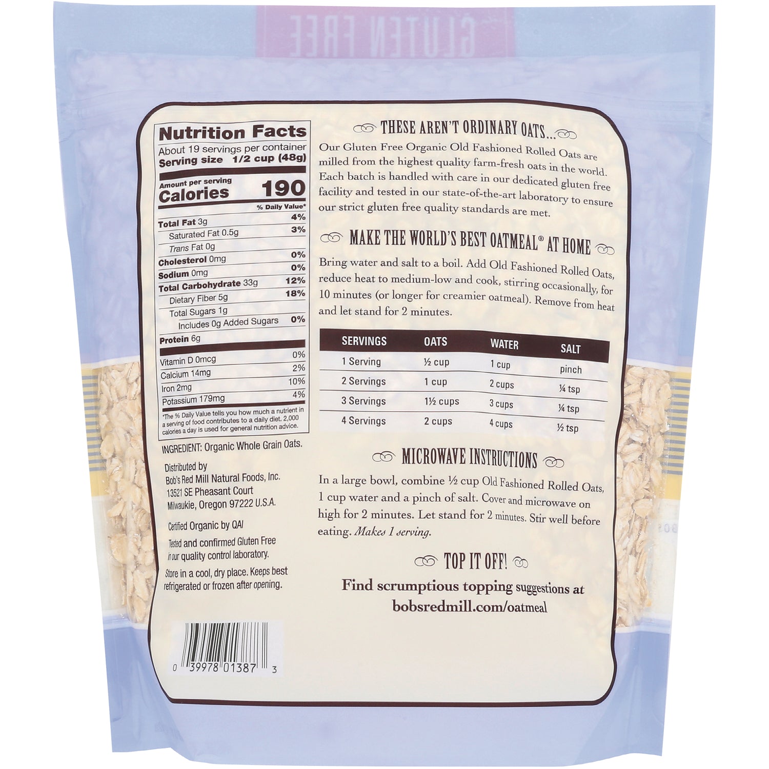 BOB326 | Back label with Nutrition Facts and cooking instructions for gluten free organic rolled oats