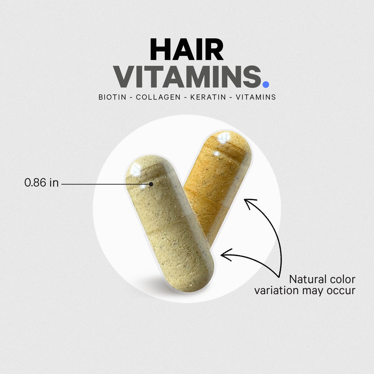 CDG010 | Hair Vitamins infographic showing capsule size, ingredients, and natural color variation