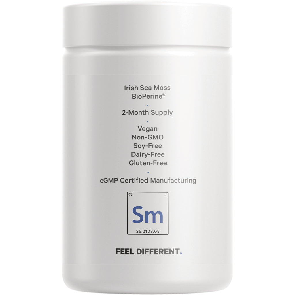CDG022 | Back label: Irish Sea Moss, BioPerine, 2-month supply; vegan, non-GMO, soy-free, dairy-free, gluten-free; cGMP manufacturing Sm logo - Thumbnail